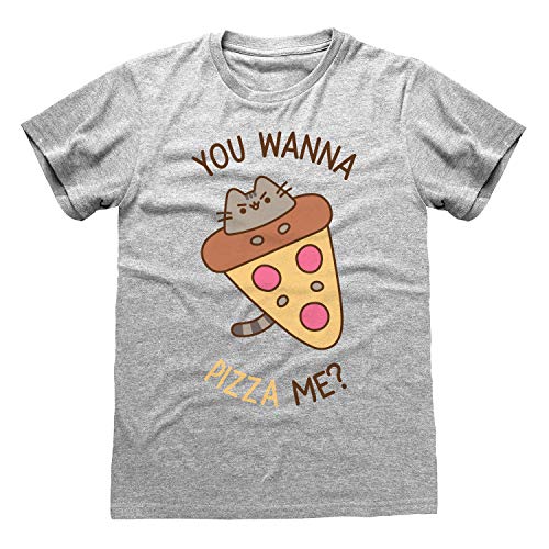 T-shirt męski Pusheen You Wanna Pizza Me | Oficjalny produkt | S-XXL, koszulka z grafiką z kociakiem z okrągłym dekoltem, pomysł na prezent urodzinowy dla chłopców, do domu lub na siłownię, szary, L