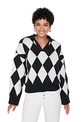 Trendyol Damska bluza oversize basic polo z dzianiny, Czarny, S