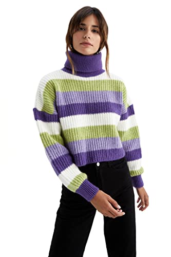 DeFacto Sweter normalny krój dla kobiet - sweter z golfem na topy damski (zielony, XL), zielony, XL