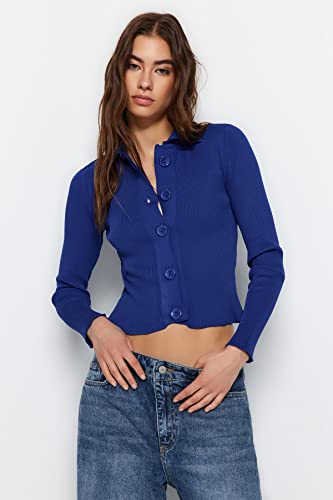 Trendyol FeMan Slim Fit Basic Polo Neck Dzianina Kardigan, Sax, S, Saksofon, S