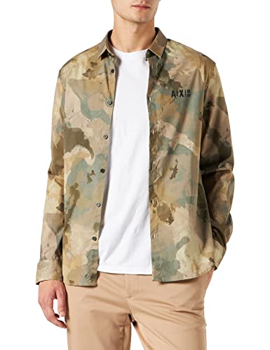 Armani Exchange Męska koszula z długim rękawem, wzór kamuflażowy, logo na przodzie, Desert Camou AO, ekstra mała