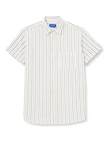JACK & JONES Męska koszula z krótkim rękawem len, Cloud Dancer/Stripes:/, XXL