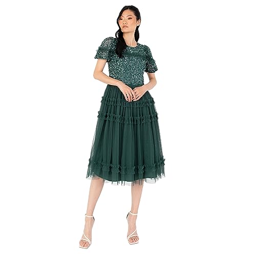 Maya Deluxe Damska sukienka damska Midi Ladies Sequin Embellished Short Sleeve Ruffle for Wedding Guest Bridesmaid Occasion Evening Ball Gown Dress, szmaragdowy (Emerald Green), 38