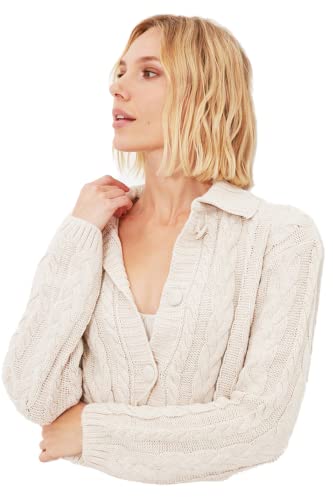 Trendyol Damski opuszczony kołnierz Ajouré zwykły sweter kardigan, kamień, L, KAMIEŃ, L