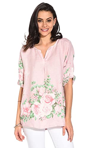Bonateks damska top 100% lniana tunika Made in Italy, Tunezyjski top z kwiatowym nadrukiem i odpinanymi długimi rękawami, satyna, rozmiar: XL, Satyna, XL