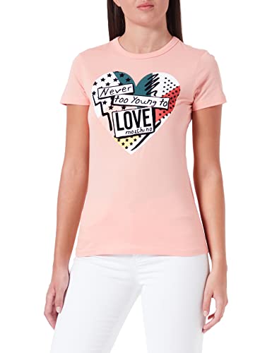 Love Moschino Damska koszulka slim fit z krótkim rękawem z patchworkowym nadrukiem serca, Rosa, 48