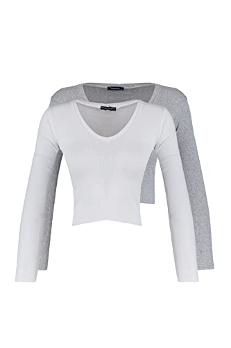 Trendyol Woman Fitted Standard V Neck Knit Blouse Koszula damska, Biały/Szary, L