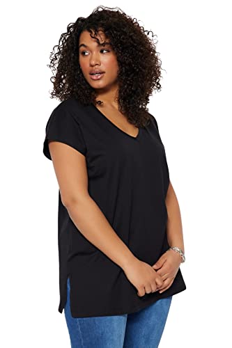 Trendyol Damska koszulka plus size, luźna, podstawowa, dzianinowa, dekolt w serek, duży rozmiar, Czarny, 6XL