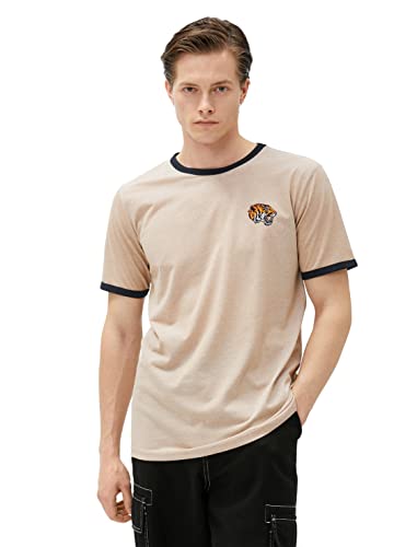 Koton T-shirt męski Tiger Embroidered Crew Neck Slim Fit Short Sleeve, beżowy (052), M