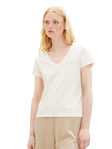 TOM TAILOR Dżinsowa damska koszulka z haftem, 10348-Gardenia Biała, XL