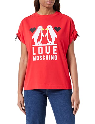 Love Moschino Damska koszulka o regularnym kroju z krótkim rękawem, z podwiniętymi ramionami, z logo, elastyczny sznurek, Czerwony, 48