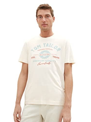 T-shirt męski TOM TAILOR z nadrukiem logo wykonany z bawełny, 18592-vintage beż, M