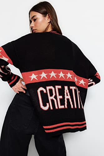 Trendyol FeMan Oversize Basic kardigan z dzianiny z dekoltem w serek, czarny, M, Czarny, M