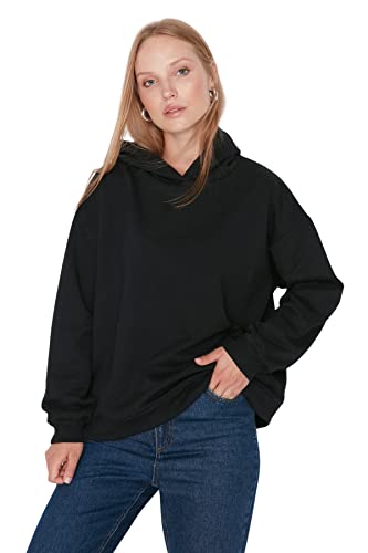 Trendyol Damska bluza z kapturem jednokolorowa, luźna, czarna, XL, Czarny