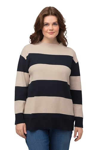Ulla Popken Damski sweter w paski, stójka, długi rękaw, bawełna ekologiczna, morski, 42/44