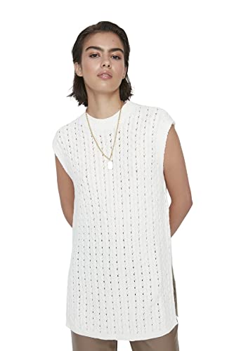 Trendyol Damska kamizelka z okrągłym dekoltem z dzianiny kablowej, regularna, Ecru, M, Ecru, M