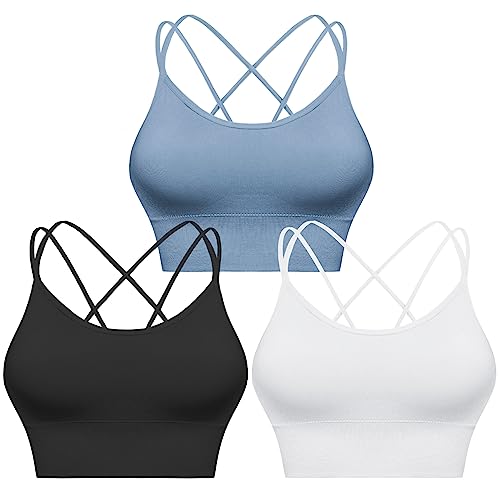 Sykooria Sportowy biustonosz damski, wyściełany biustonosz bez fiszbin, ramiączka spaghetti, wzór Cross Back Push up, biustonosz sportowy do jogi, fitnessu, A-czarny + jasnoniebieski+biały, M