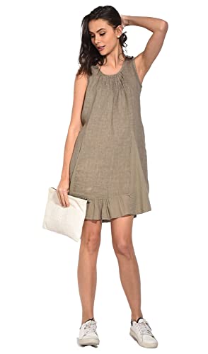 Bonateks Damska sukienka 100% lniana Made in Italy, falbanka i okrągły dekolt, składana z przodu, Desert, Rozmiar: XL, Pustynia, XL