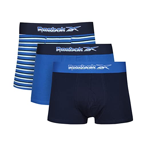 Reebok Męskie super miękkie bokserki, krótki materiał bawełniany, niebiesko-granatowy/biały pasek z kontrastowym elastycznym ściągaczem - opakowanie 3 szt, Vector niebieski/granatowy/biały pasek, M
