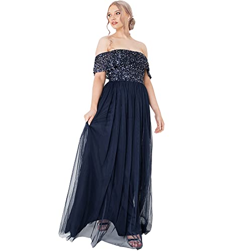 Maya Deluxe Damska sukienka maxi w kolorze mglistej zieleni Bardot zdobiona sukienka dla druhny, granatowy, 32