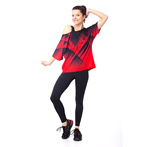Gipara Carla damska koszulka sportowa Oversize | T-shirt z krótkim rękawem z odsłoniętymi ramionami, do jogi, Zumba | zarządzanie wilgocią, luźny krój | czerwony czarny, czerwony/czarny, S