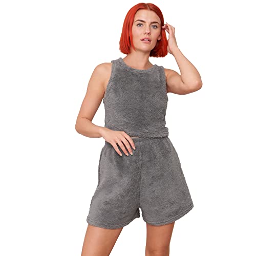 OHS Racerback crop tank top top gładki jednolity miś polar noc sen odzież domowa bez rękawów okrągły dekolt podstawowy przycięty top, Ciepły szary, 32-34