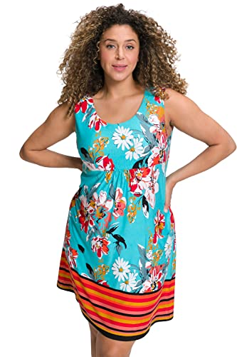 Ulla Popken Damska sukienka z dżerseju w kwiaty/paski z bordiurą, jasny petrol, 46