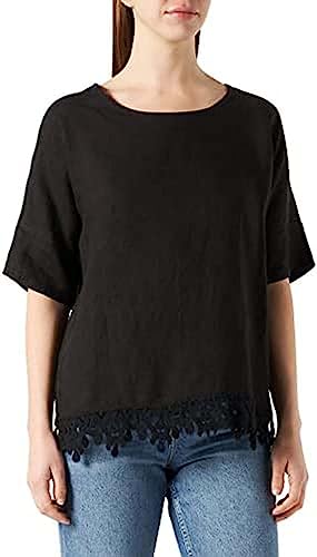 Bonateks, Okrągły dekolt z półrękawami i koronką z falbankami, 100% len, rozmiar DE:36, rozmiar US:M, topy, czarne - wyprodukowano we Włoszech, czarny, 36