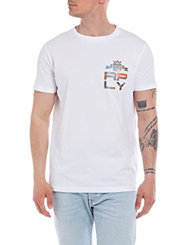 Replay T-shirt męski z krótkim rękawem z nadrukiem, 001 White, XL