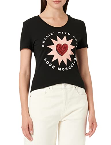 Love Moschino Damska koszulka z krótkim rękawem Rollin' with Love Print, czarny, 38