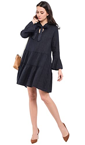 Bonateks damska sukienka 100% lniana wyprodukowana we Włoszech, długa sukienka z kwiatowym nadrukiem i okrągłym dekoltem, deserowa, rozmiar: L, Pustynia, L