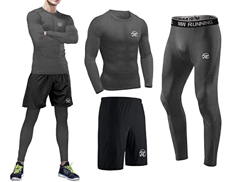 meeteu Męski zestaw bielizny kompresyjnej, szybkoschnąca sportowa koszulka, legginsy na siłownię do biegania jazdy na rowerze, rajstopy z luźnymi spodniami, HempGray, M