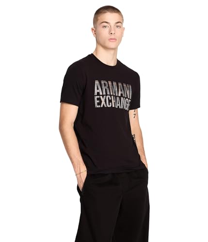 Armani Exchange Męski t-shirt slim fit, okrągły dekolt, nadrukowane logo, rozciągliwa bawełna, czarny, XS
