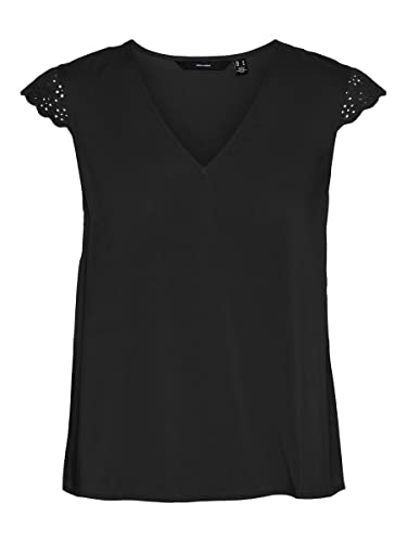 VERO MODA Damski top Vmvica V-Neck Sl Lace WVN Ga Noos z koronką, czarny, XS