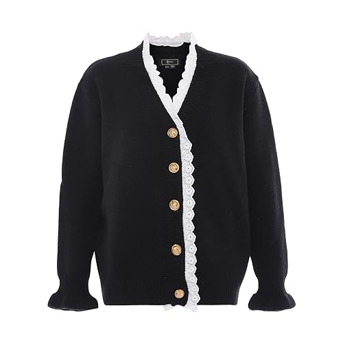 faina Damski sweter z dzianiny w stylu vintage z kwiecistą koronką i koronką akryl czarny rozmiar M/L, czarny, M