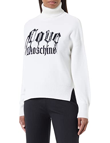 Love Moschino Damski sweter z krótkim rękawem o prostym kroju, z piórkami i emblematem, optical white, 38