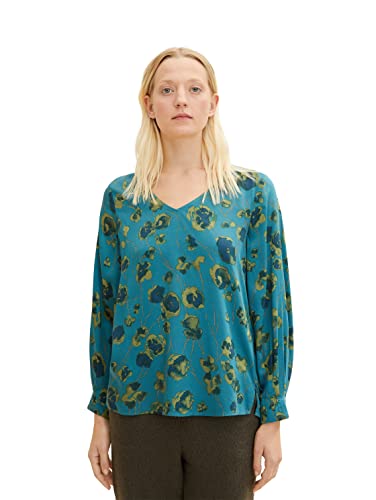 TOM TAILOR Damski bluzka ze wzorem 1034549, 30939 - Teal Blue Flower Design, 32