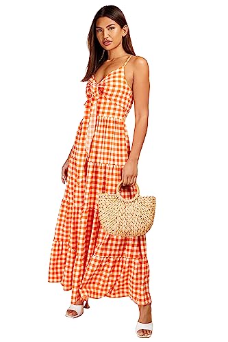 Little Mistress Pomarańczowa sukienka maxi w kratkę damska, pomarańczowy, 34