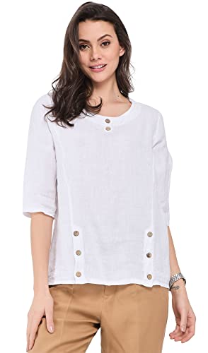 Bonateks damska top 100% lniana tunika Made in Italy, okrągły dekolt z guzikami i półrękawami, biała, rozmiar: M, biały, M