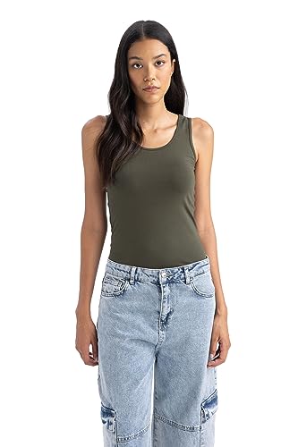 DeFacto Damski top typu crop top, sportowy top damski, modny top damski, sportowy styl, wszechstronne łączenie, khaki (Dark Khaki), L