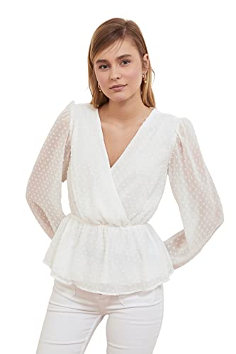 Trendyol Kobieta Regular Standard V Neck Woven Blouse Koszula Damska, Ecru, 32