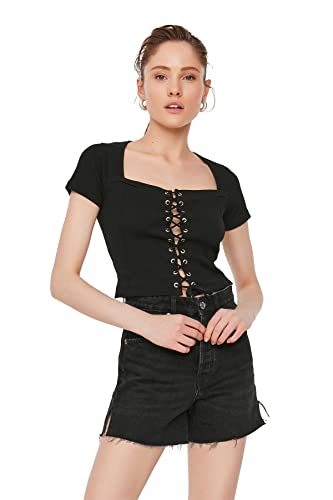 Trendyol Women's Black Ticker Square Collar Crop dziergana bluzka bluzka, ekstra mała
