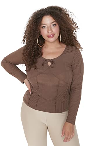 Trendyol Damska bluzka plus size slim basic okrągły dekolt dzianina plus size, Brązowy, XXLus