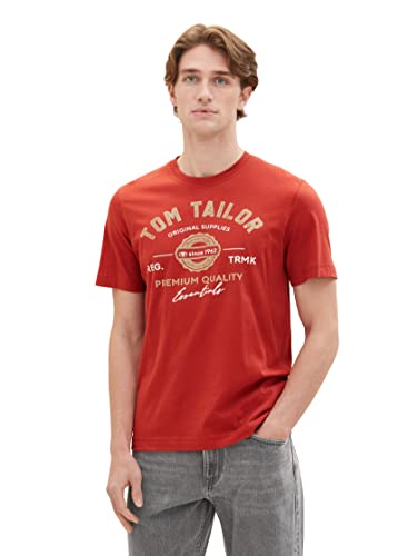 T-shirt męski TOM TAILOR z nadrukiem logo wykonany z bawełny, 14302-aksamitna czerwień, S