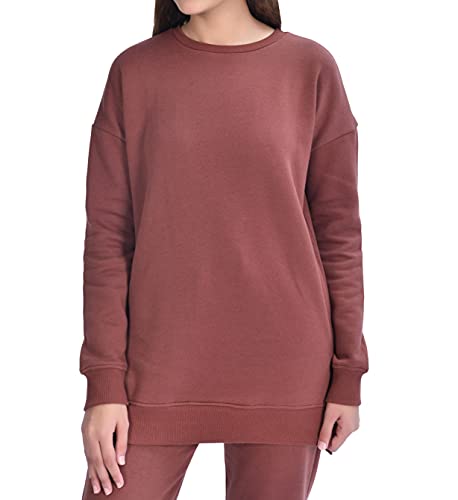 M17 Damska bluza z recyklingu, klasyczny sweter z okrągłym dekoltem, sweter na co dzień, z długim rękawem, zwykły sweter, Brązowy, S