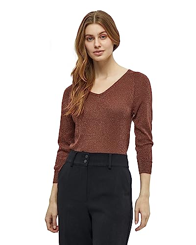 Minus Damski sweter z dzianiny Carlina z dekoltem w serek 3/4, ciemny cynamon brązowy metaliczny, S, Dark Cinnamon Brown Metallic, S