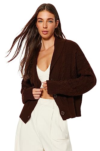 Trendyol FeMan Regular Fit Basic Szal Kołnierz Dzianina Kardigan, Brązowy, S, Brązowy, S