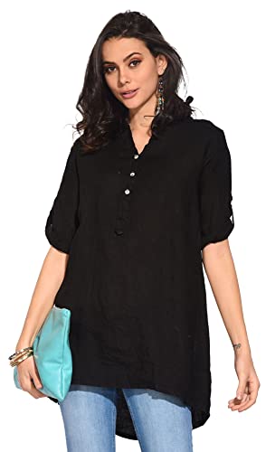 Bonateks damska top 100% lniana tunika Made in Italy, bluzka z kołnierzem tunezyjskim zapinanym na guziki i długim rękawem, czarna, rozmiar: XL, czarny, XL
