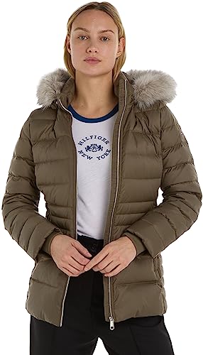 Tommy Hilfiger Damska kurtka puchowa Tyra z futrem, Zielony wojskowy, L