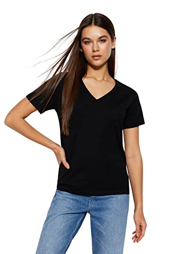 Trendyol Damska koszulka z dzianiny Regular Fit Basic V Neck, Czarny, L